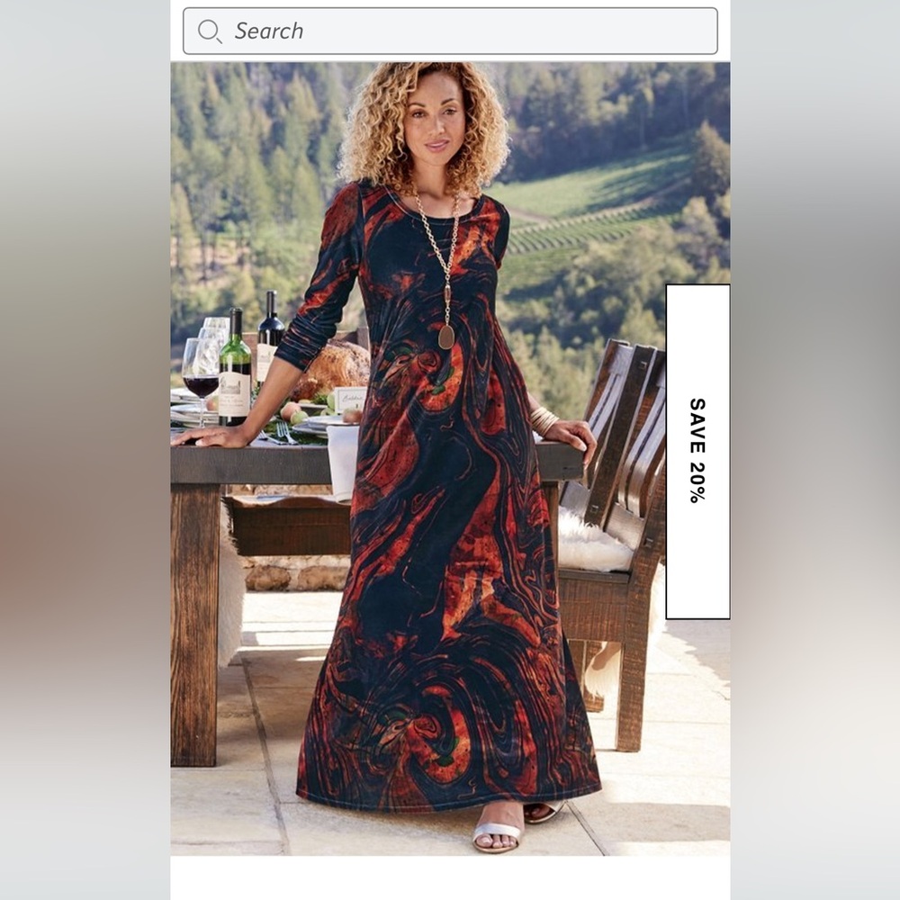 Soft Surroundings Black and Orange Santiago Stretch Velvet Maxi Dress